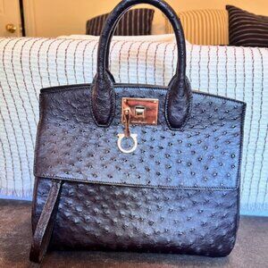 Salvatore Ferragamo Black Ostrich Studio Satchel Bag